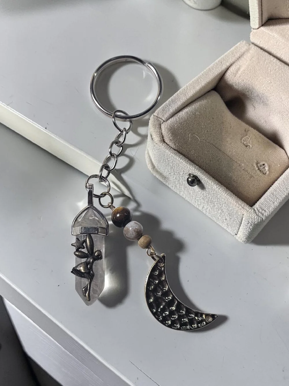 Moon & Crystal Fairy Keychain Charm - Silver with Natural Stone Beads